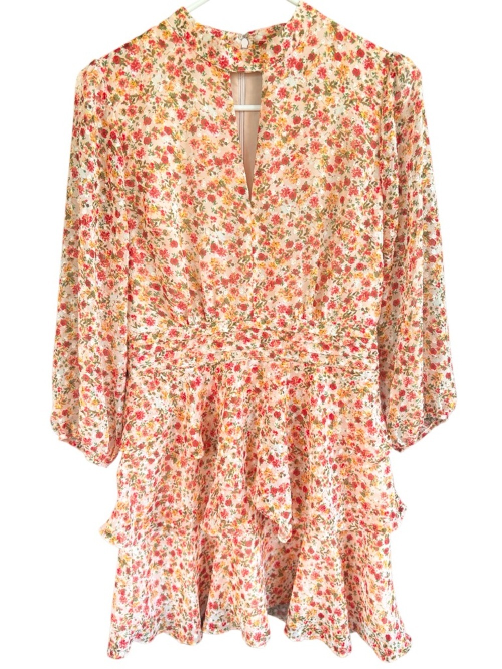 EUC Anthropologie Lenon Edition Floral Ruffle Skirt V Neck Long Slv. Dress Small